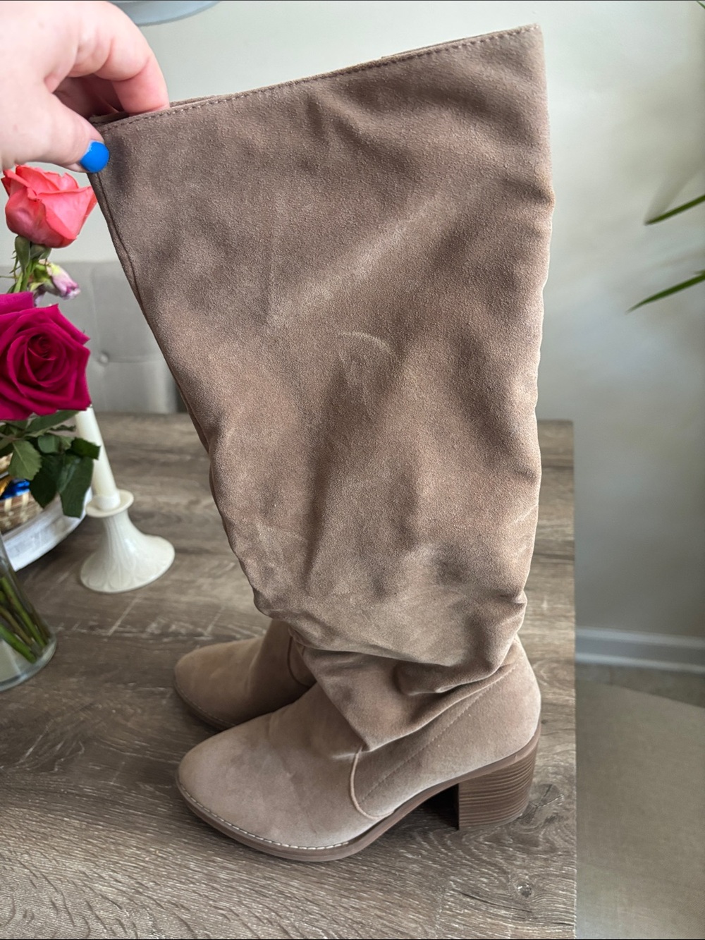 Taupe Suede Slouchy Mid-Calf Boots